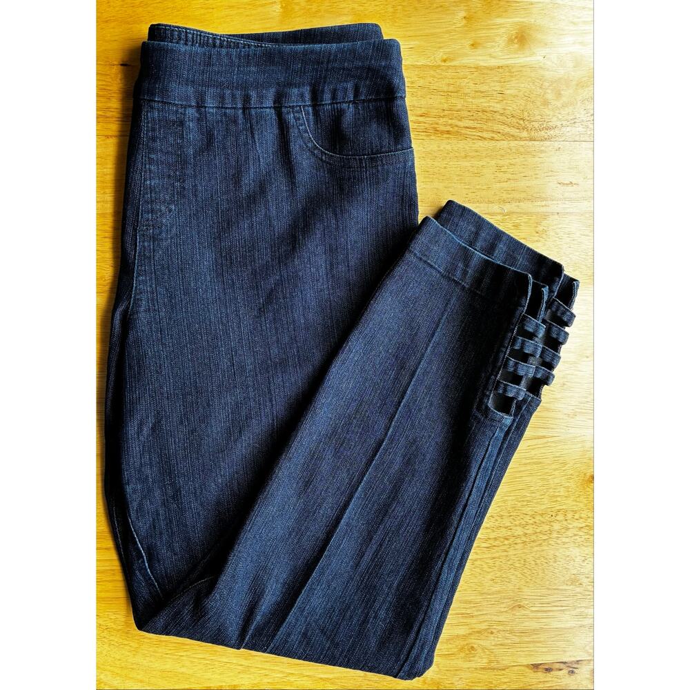 Soft Surroundings Dark Wash Denim Pants Large Pull-On Ladder Hem Stretch Jeans